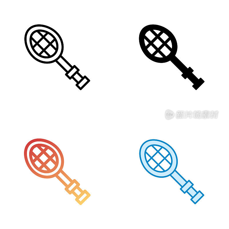 网球拍通用图标设计在四种风格与可编辑的击球。线，实线，平线和颜色渐变线。适合网页，移动应用，UI, UX和GUI设计。